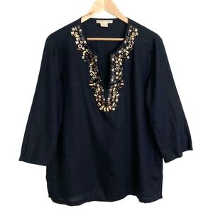 MICHAEL by MICHAEL KORS Embellished V-Neck Linen Tunic Top Black